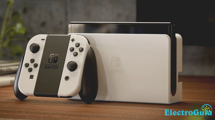 Nintendo Switch OLED acoplado y desde el frente sobre una tabla de madera en la sala de estar